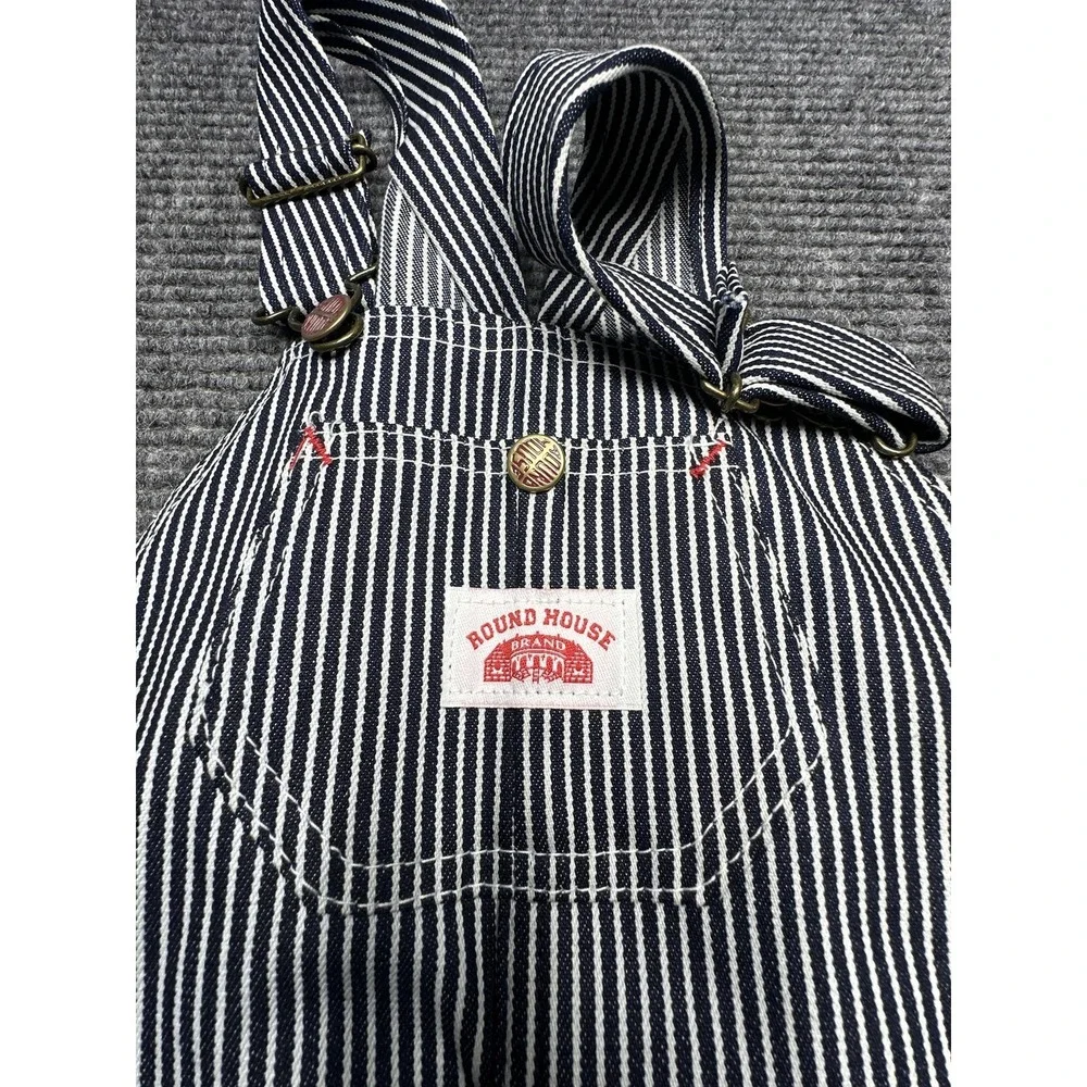 Round House Overalls Kids 10 Blue White Striped Denim Bib Pockets Made USA Train